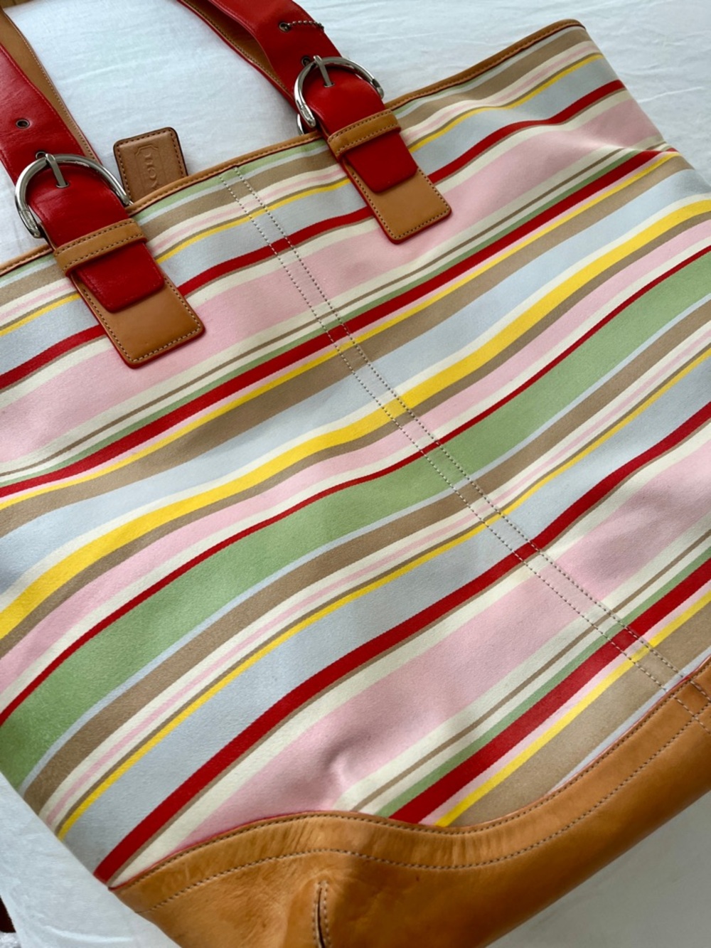 Coach Pastel Multi Striped Canvas Tote with Coral Leather Straps - Picture 8 of 9